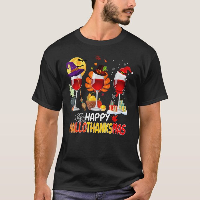 Lycklig Hallothanksmas Vin Glass Witch Santa Hat T Shirt (Framsida)