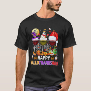 Lycklig Hallothanksmas Vin Glass Witch Santa Hat T Shirt