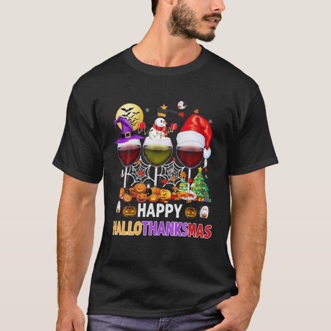 Lycklig Hallothanksmas Vin Glass Witch Santa Hat T Shirt (Framsida)