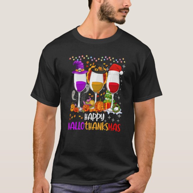 Lycklig Hallothanksmas Vin Glass Witch Santa Hat T Shirt (Framsida)