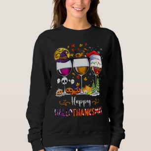 Lycklig Hallothanksmas Vin Glass Witch Santa Hat T Shirt