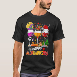 Lycklig Hallothanksmas Vin Glass Witch Santa Hat T Shirt