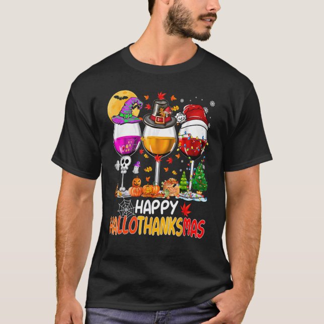 Lycklig Hallothanksmas Vin Glass Witch Santa Hat T Shirt (Framsida)