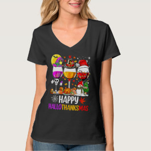 Lycklig Hallothanksmas Vin Glass Witch Santa Hat T Shirt