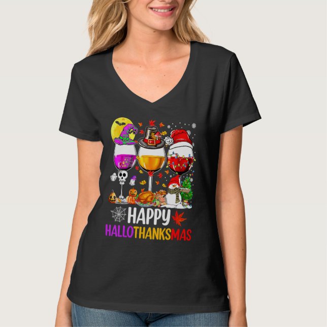 Lycklig Hallothanksmas Vin Glass Witch Santa Hat T Shirt (Framsida)