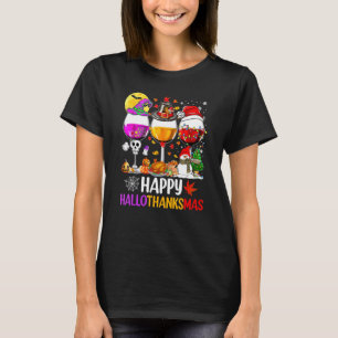 Lycklig Hallothanksmas Vin Glass Witch Santa Hat T Shirt