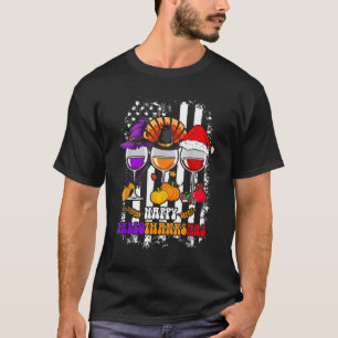 Lycklig Hallothanksmas Vin Glass Witch Santa Hat T Shirt
