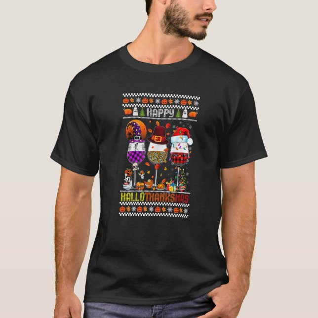 Lycklig Hallothanksmas Vin Glass Witch Santa Hat T Shirt (Framsida)