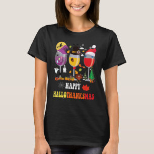 Lycklig Hallothanksmas Vin Glass Witch Santa Hat T Shirt