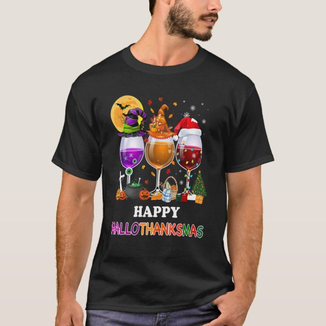 Lycklig Hallothanksmas Vin Glass Witch Santa Hat T Shirt (Framsida)