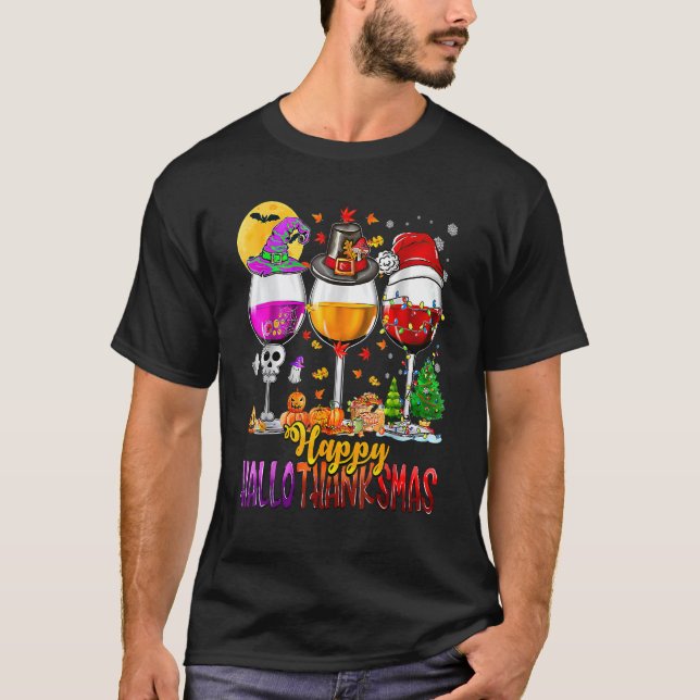 Lycklig Hallothanksmas Vin Glass Witch Santa Pump T Shirt (Framsida)