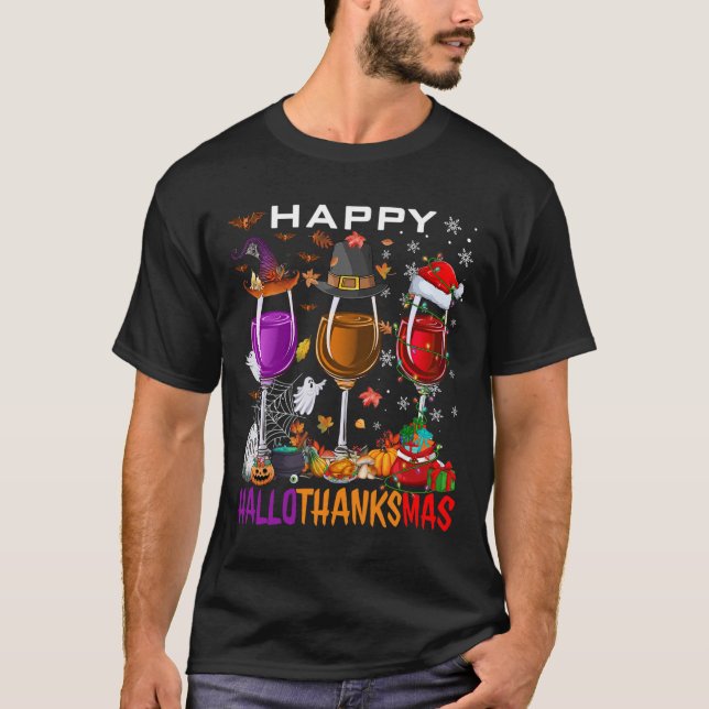 Lycklig Hallothanksmas Vin Halloween Thanksgiving  T Shirt (Framsida)