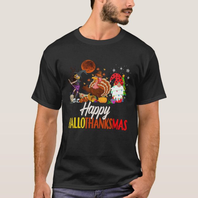 Lycklig Hallothanksmas Witch Turkey Gnome Hallowee T Shirt (Framsida)