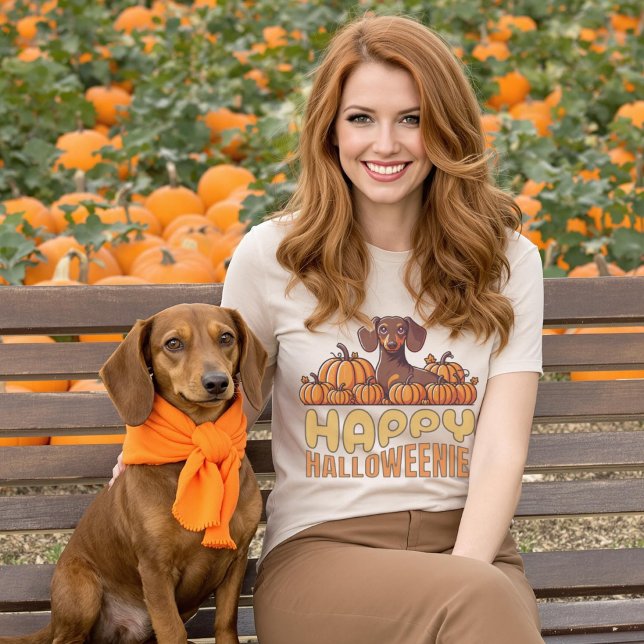 Lycklig Halloweenie Dachshund Hund Pumpkin Patch T Shirt (Happy Halloweenie Dachshund Dog Pumpkin Patch T-Shirt.)
