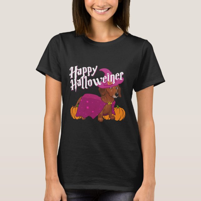 Lycklig Halloweenie Doxie Dachshund Hund Witch Hat T Shirt (Framsida)