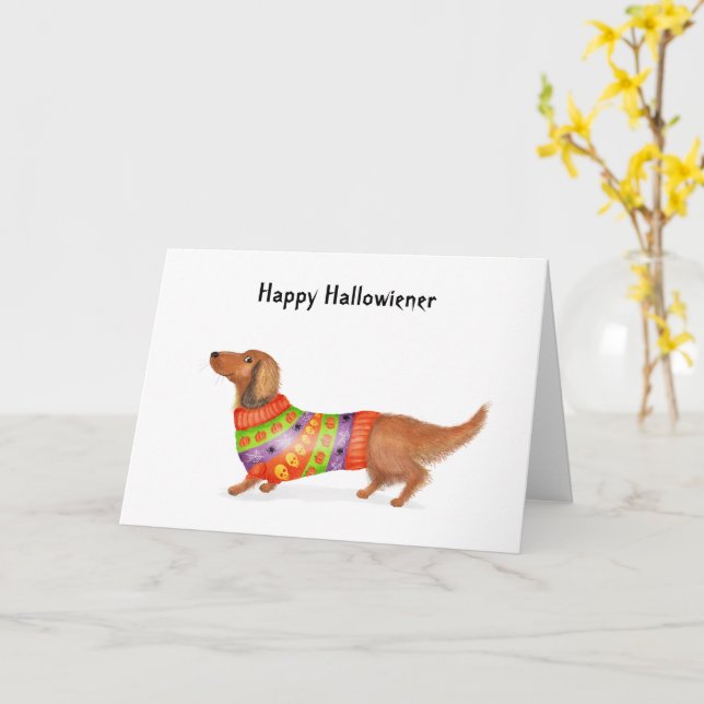 Lycklig Hallowiener dachshund Halloween-kort Kort (Gul blomma)