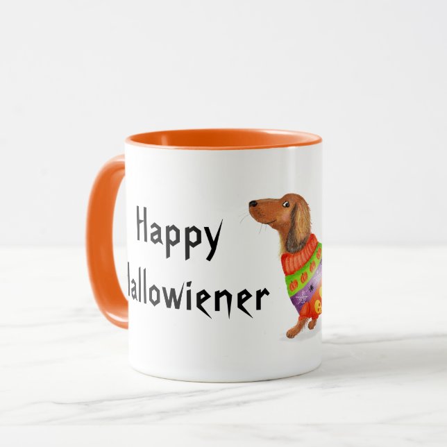 Lycklig Hallowiener dachshund Halloween mugg (Framsida vänster)