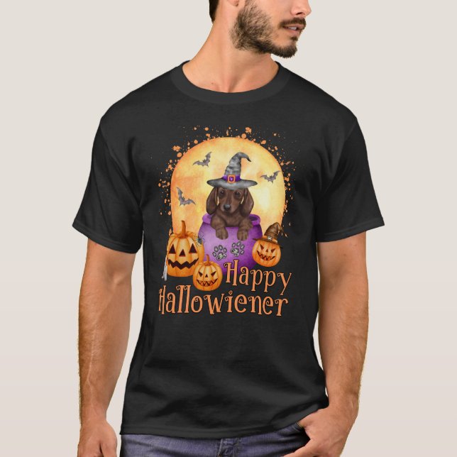 Lycklig Hallowiener Dachshund Puppy Halloween T Shirt (Framsida)