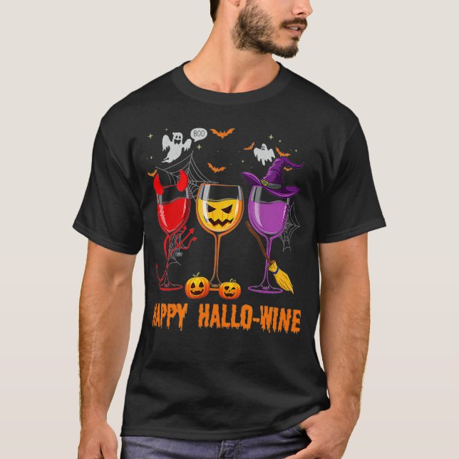 Lycklig HalloWine Funny Halloween Glass Vin Älskar T Shirt (Framsida)