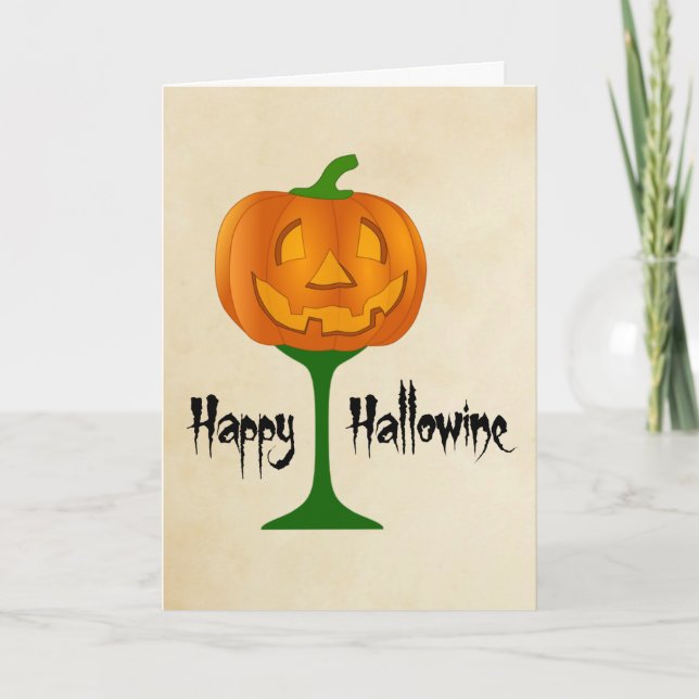 Lycklig Hallowine Pumpkin Vin Glass Halloween Kort (Framsida)