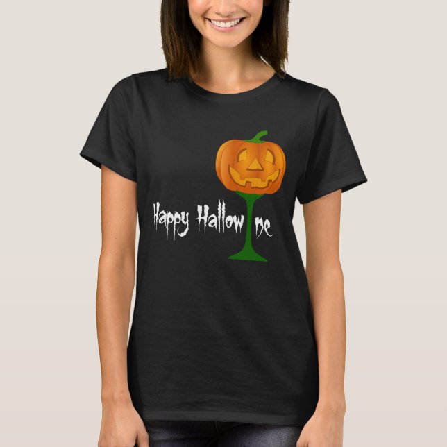 Lycklig Hallowine Pumpkin Vin Glass Halloween T-shirt (Framsida)