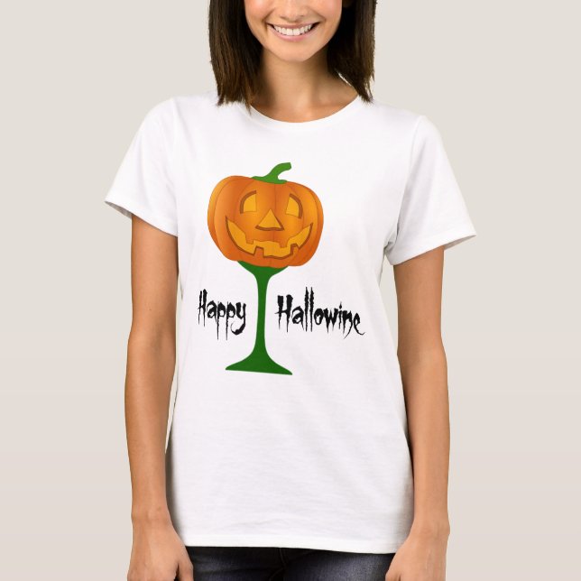 Lycklig Hallowine Pumpkin Vin Glass Halloween T Shirt (Framsida)