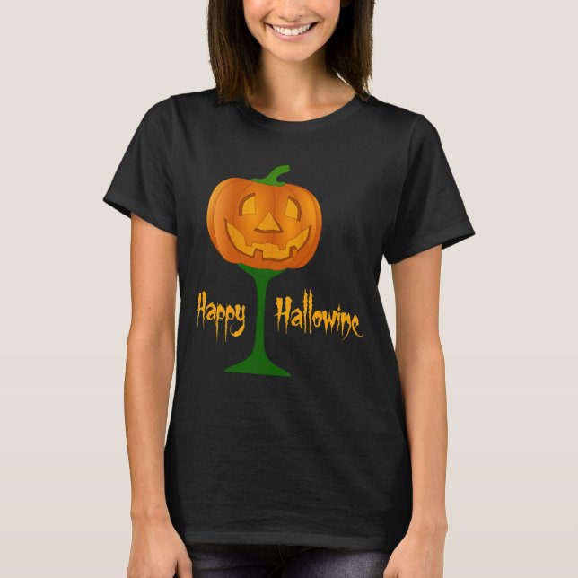 Lycklig Hallowine Pumpkin Vin Glass Halloween T-shirt (Framsida)