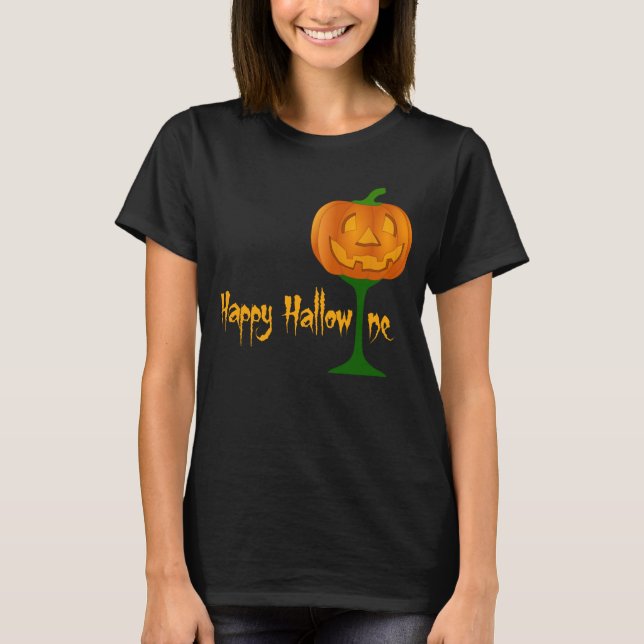 Lycklig Hallowine Pumpkin Vin Glass Halloween Tee (Framsida)