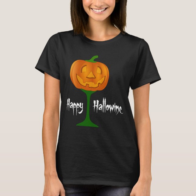 Lycklig Hallowine Pumpkin Vin Glass Halloween Tee (Framsida)