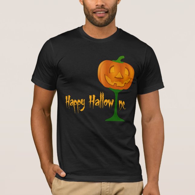 Lycklig Hallowine Pumpkin Vin Glass Halloween Tee (Framsida)