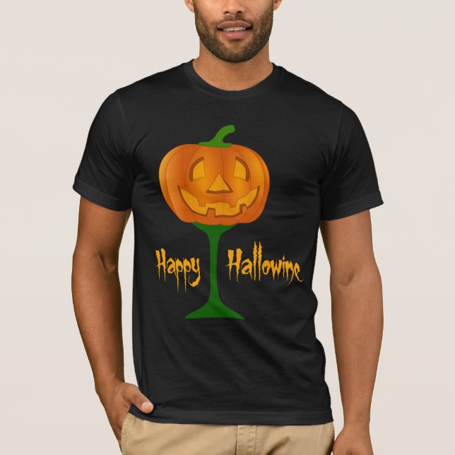 Lycklig Hallowine Pumpkin Vin Glass Halloween Tee Shirt (Framsida)