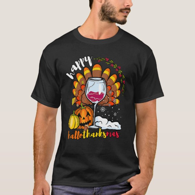 Lycklig HallowTackorMas Vin Glass Thanksgiving Chr T Shirt (Framsida)
