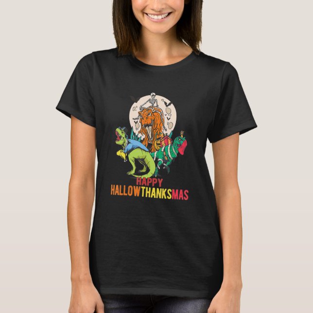 Lycklig Hallowthanksmas Dinosaur Skeleton Riding A T Shirt (Framsida)
