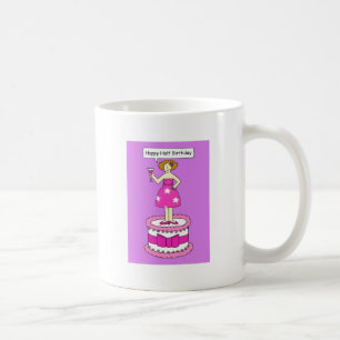 Lycklig halv födelsedag, damanseende på en Cake. Kaffemugg