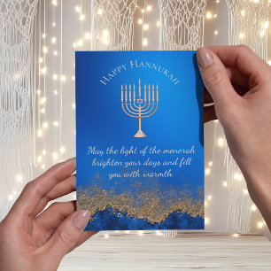 lycklig hannukah, marinblå guld menorah helg vykort