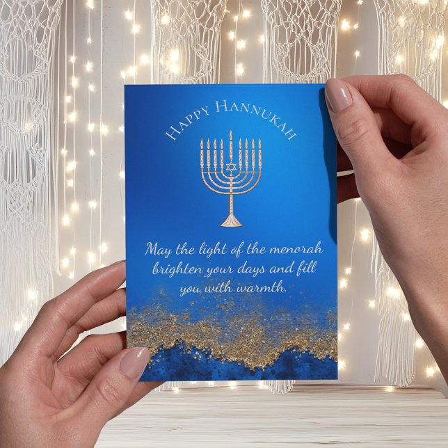 lycklig hannukah, marinblå guld menorah helg vykort (Skapare uppladdad)