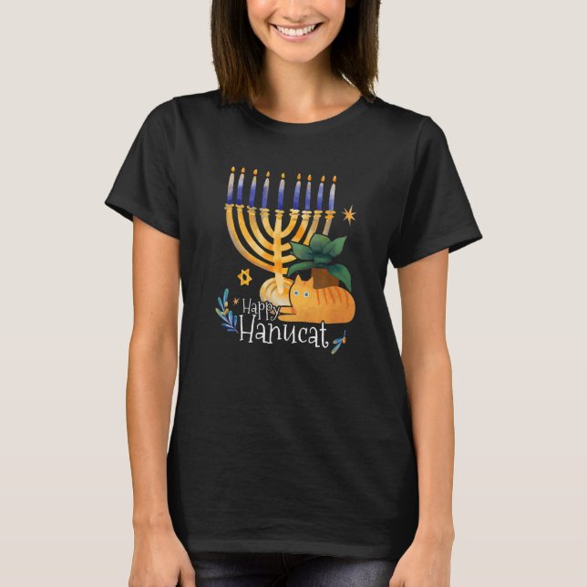 Lycklig Hanucat Watercolor Cat Hanukkah Cat T Shirt (Framsida)