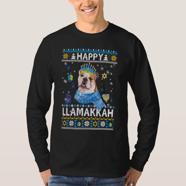 Lycklig Hanukah Bulldog Ugly Sweater jul Paj T Shirt (Framsida)