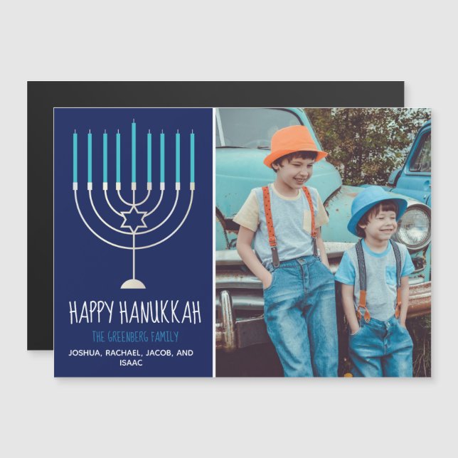 Lycklig Hanukah-familjens fotoblå magnetiskt kort (Fram/baksida)