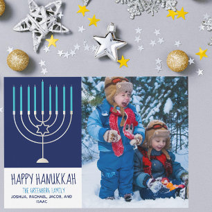 Lycklig Hanukah-familjens fotoblå Menorah-kort