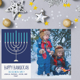 Lycklig Hanukah-familjens fotoblå Menorah-kort