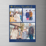 Lycklig Hanukah Family 3-fotosamlingskort<br><div class="desc">Modern judisk familjefollbild i anpassadet Hanukkah-magnetkort med en samling vinterfoton. Lägg till 3 av dina favoritfilmer i Chanukah-minnena i den här moderna tre fotografilayouten nedanför ett skript för menorah och guld. Lycklig Hanukkah magnet.</div>