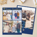 Lycklig Hanukah Family 3 Photo Collage Modern Blue Julkort<br><div class="desc">Modern judisk familjefollbild för anpassadet Hanukkah-kort med en samling vinterfoton. Lägg till 3 av dina favoritfilmer i Chanukah-minnena i den här moderna tre fotografilayouten nedanför ett skript med kursiv menorah och guld. Lycklig Hanukkah.</div>