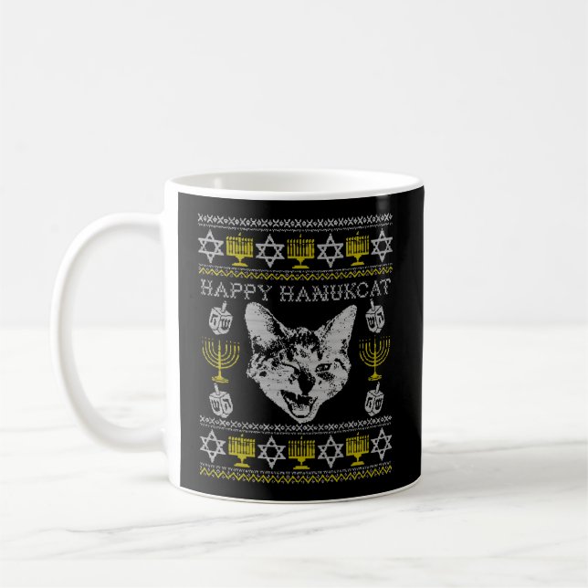 Lycklig Hanukcat Hannukah Jewish Cat Ugly jul Kaffemugg (Vänster)
