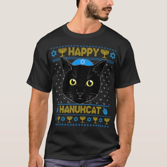 Lycklig Hanukcat Ugly Hanukkah Sweater Cat Chanuka T Shirt (Framsida)