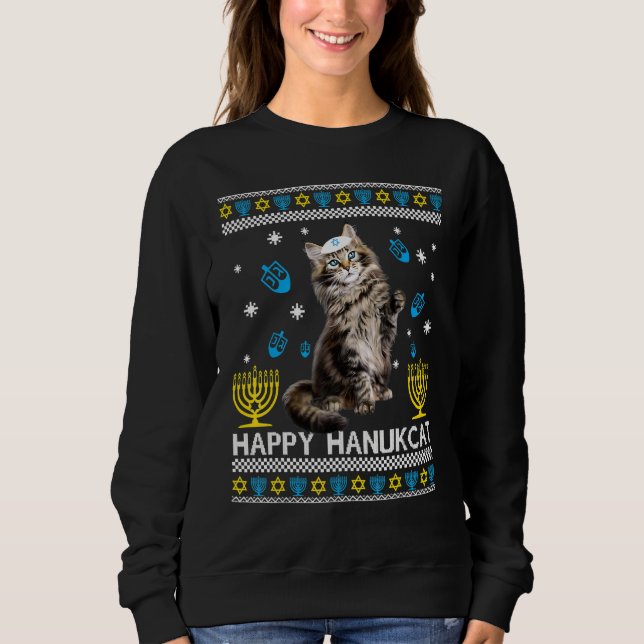 Lycklig Hanukcat Ugly Hanukkah Sweater Maine Coon  T Shirt (Framsida)