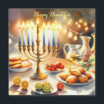 Lycklig Hanukkah<br><div class="desc">Vattenfärgillustration för Hanukkah. Ett vackert arrangerat bord-set för ett festligt firande,  med en traditionell menorah med tända ljus. Mjuk,  varm lampa,  medan helgdag tillför en gnutta glädje. Varma ljus som skapar en mysigt atmosfär som inbjuder till det.</div>