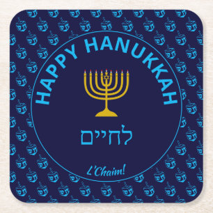Lycklig Hanukkah ל ח י י ם L'Chaim Blue Dreidel Underlägg Papper Kvadrat