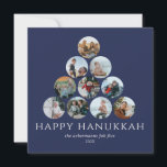 Lycklig Hanukkah 10 Fyrkantstreck blått vitt Kort<br><div class="desc">Kan inte plocka bara ett eller två av dina favoritfoton i familjen? De stora platta 5, 25-tumskorten med 5, 25-tumsformat har platshållare för 10 av dina favoritfoton,  namn och år. Bilderna är runda i form. Hälsning,  "Lycklig Hanukkah",  är i vitt på en marin blå bakgrund.</div>