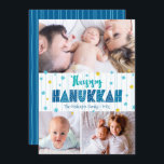 Lycklig Hanukkah 3 Photo Modern Typography Guld St Julkort<br><div class="desc">"Lycklig Hanukkah." Roligt, lekfull, vismisk, handgjord typografi tillsammans med en slumpmässig stjärna av David mönster i ljusblå och faux-guld-folie, allt överliggande ljust akvblått hand plockade linjer på vit bakgrund, tillsammans med tre foton av ditt eget val, hjälper dig att gå in i Hanukkah. Hand plockade turkos linjer övertäckte en marin...</div>